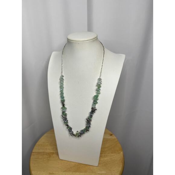 Necklace green teal seaglass look beads beading with silver tone TURTLE jewelry - Picture 12 of 14